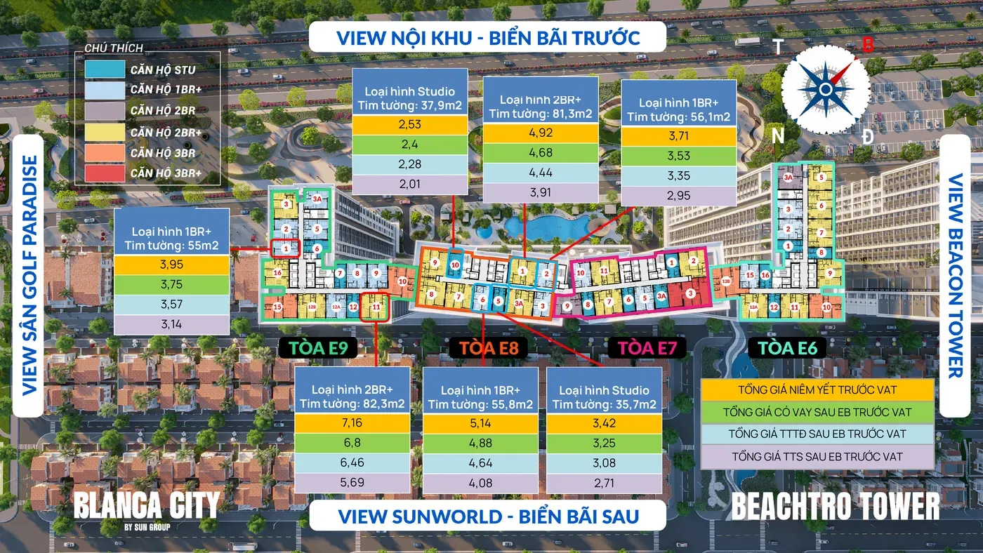 Bảng giá mẫu 7 căn Beachtro Tower tầng 25 theo 4 phương án thanh toán: niêm yết, có vay, theo tiến độ và thanh toán sớm