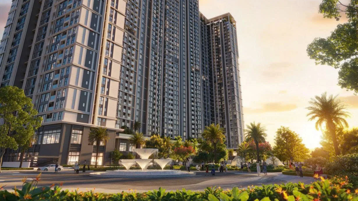 Phối cảnh chân tháp Beachtro Tower với quảng trường và cảnh quan cây xanh