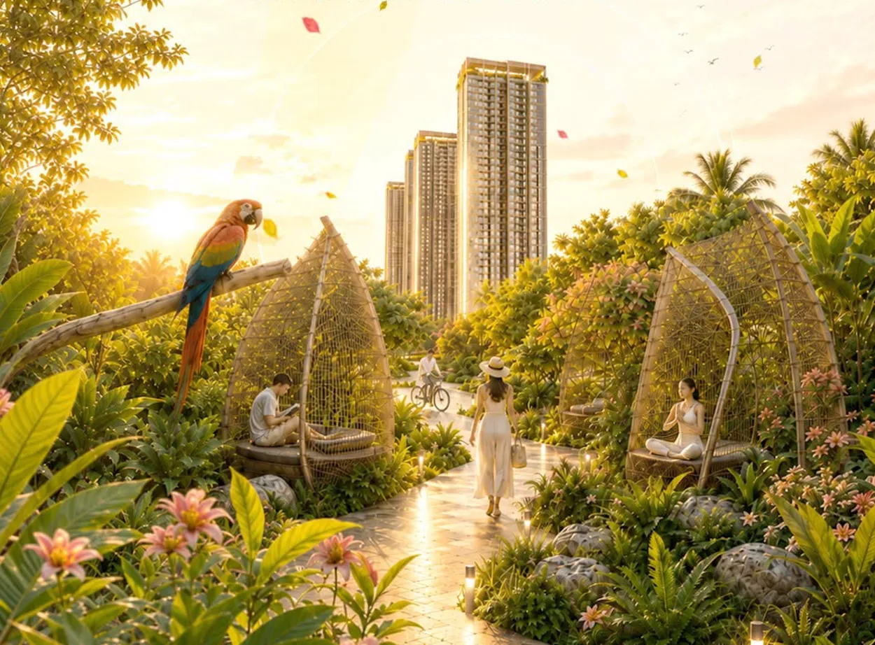 TRO Park Beachtro Tower — vườn nhiệt đới đa tầng với chòi nghỉ mây tre dưới chân tháp căn hộ