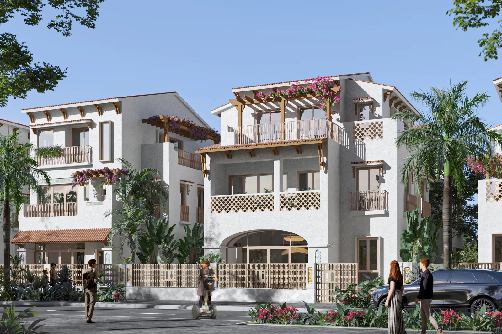 Mặt tiền dãy biệt thự Casa Blanca City kiến trúc Địa Trung Hải với giàn hoa giấy