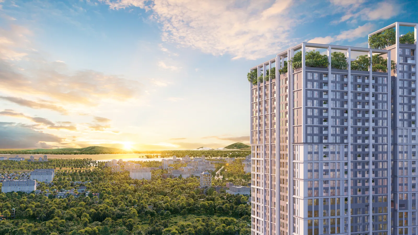 Tháp căn hộ Blanca City sắc trắng hướng biển lúc hoàng hôn