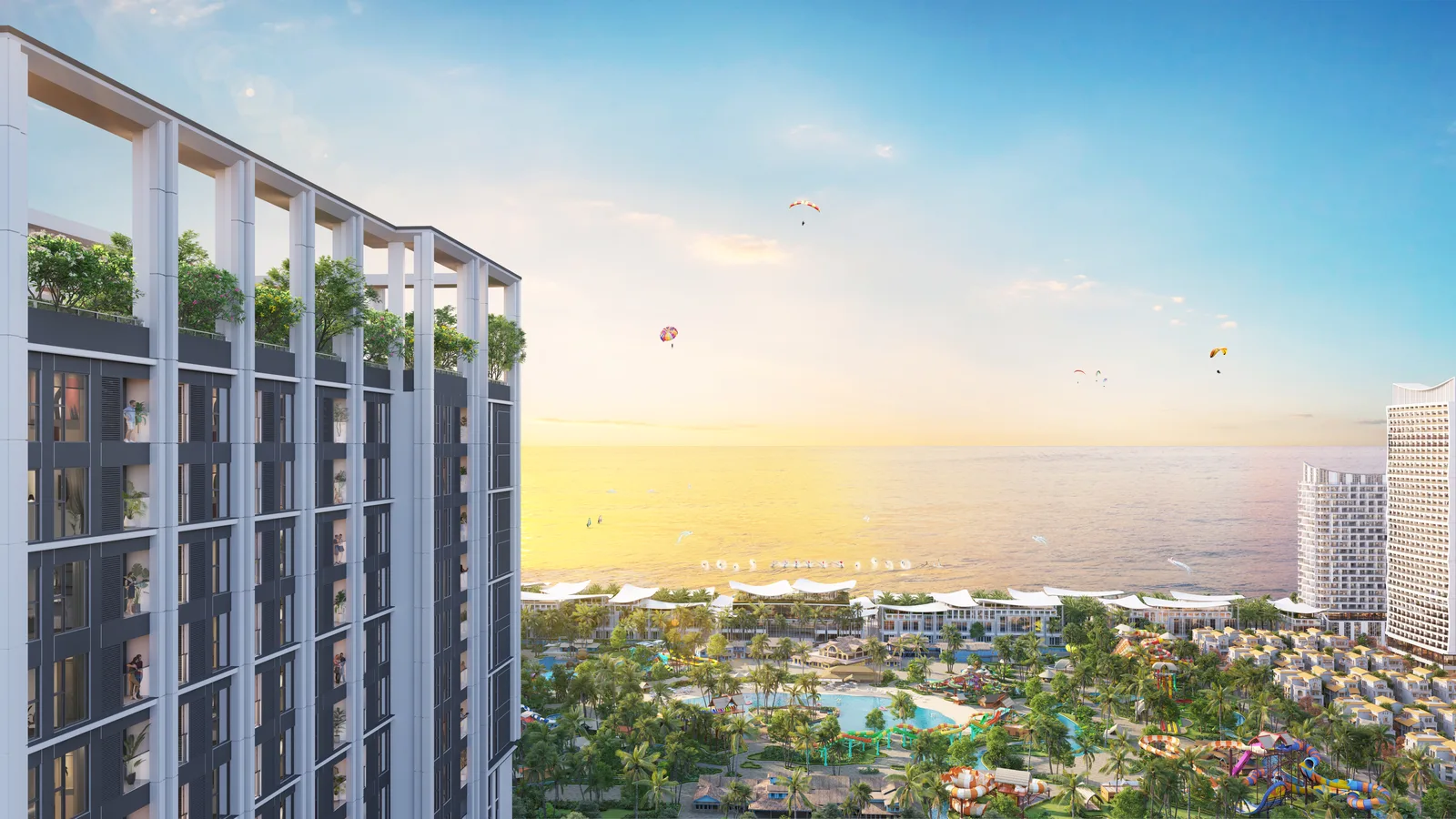 Phối cảnh tháp căn hộ Beacon — Blanca City lúc bình minh