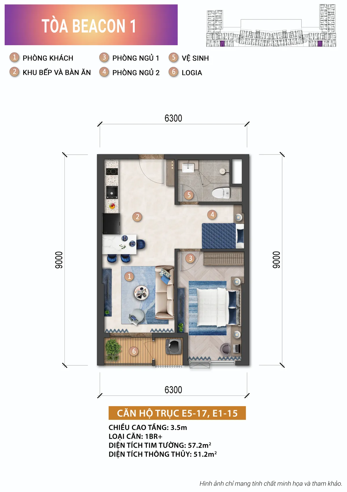 Layout căn hộ 1PN+ tháp Beacon Blanca City 51,2m2 thông thủy
