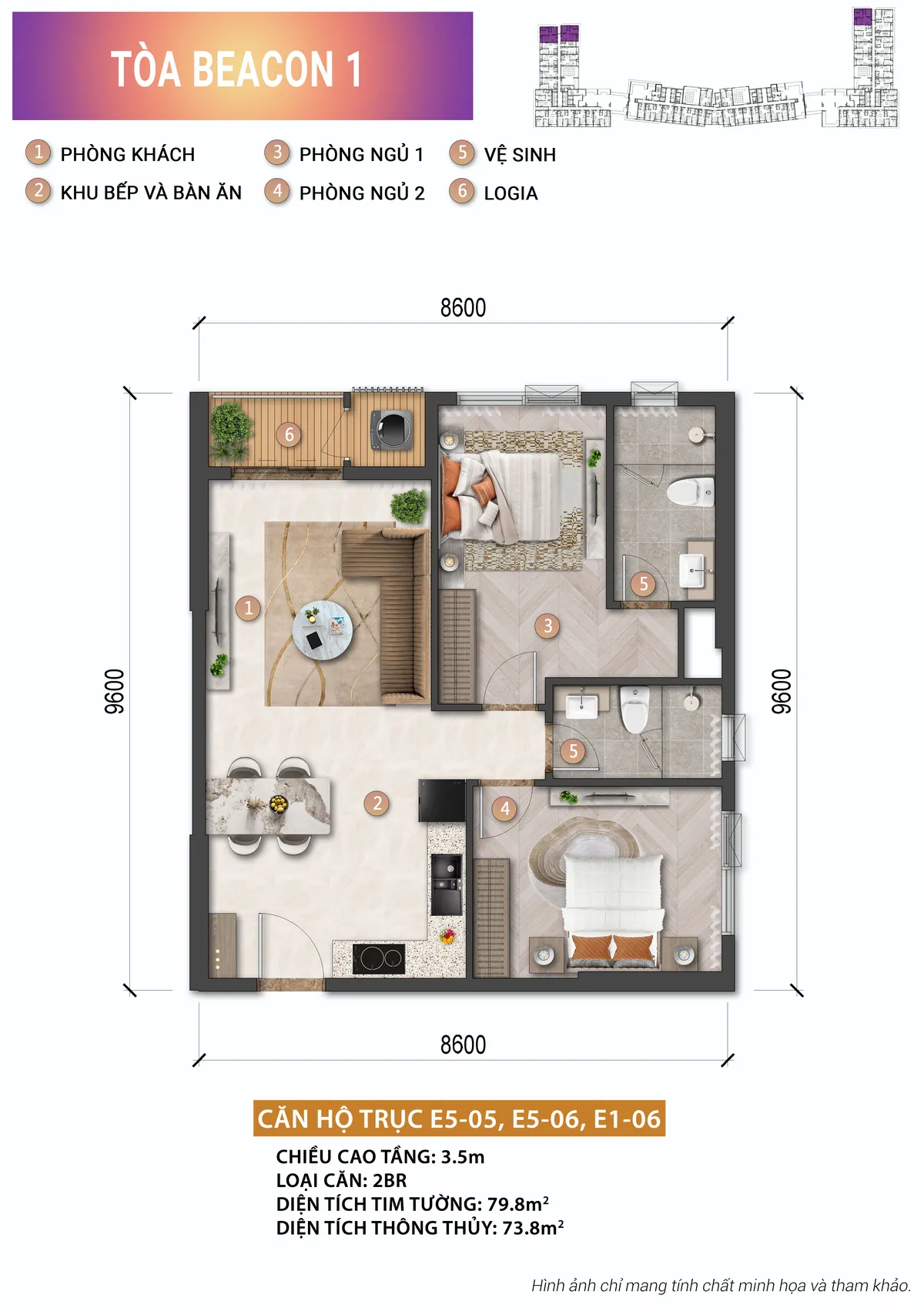 Layout căn hộ 2 phòng ngủ tháp Beacon Blanca City 73,8m2 thông thủy