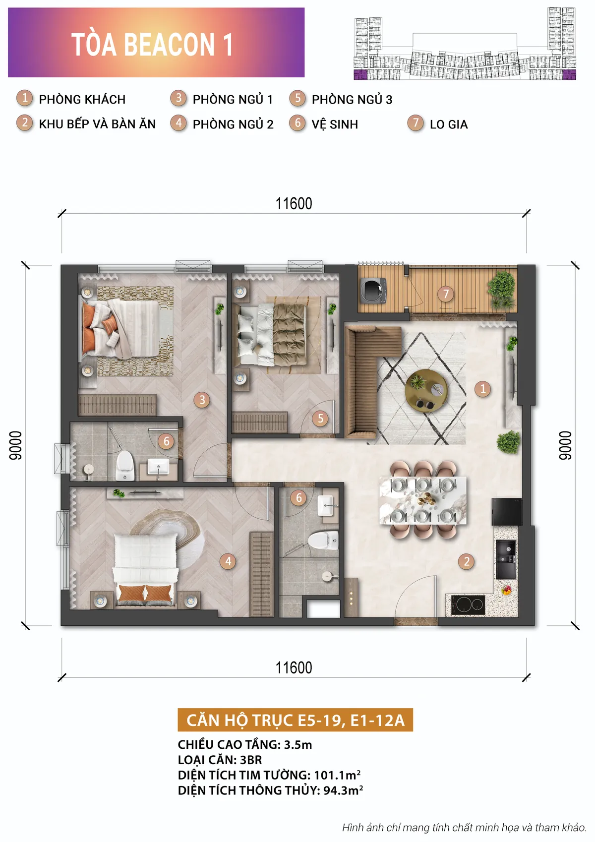 Layout căn hộ 3 phòng ngủ tháp Beacon Blanca City 94,3m2 thông thủy