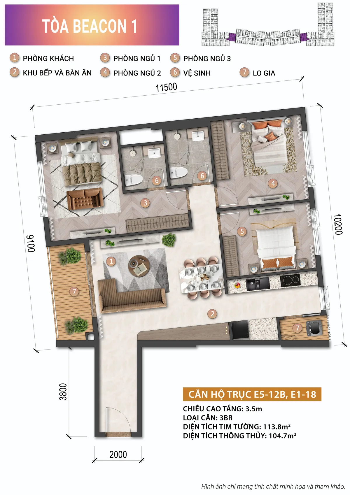 Layout căn hộ 3 phòng ngủ lớn tháp Beacon Blanca City 104,7m2 thông thủy