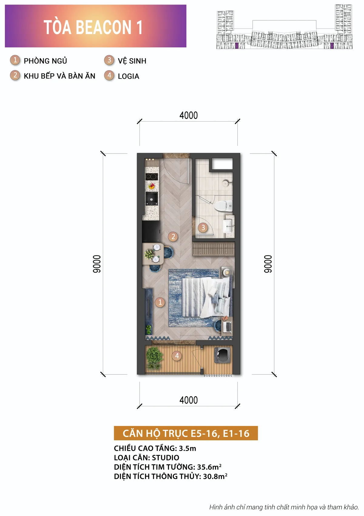 Layout căn hộ Studio tháp Beacon Blanca City 30,8m2 thông thủy