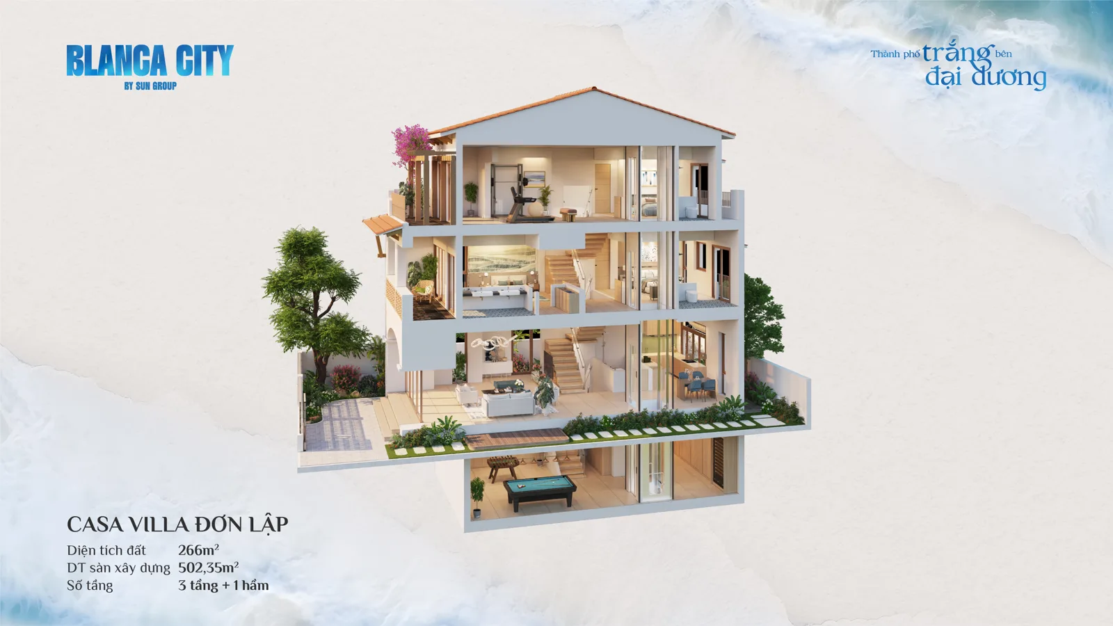 Mặt cắt đứng biệt thự Casa (4 tầng + hầm)