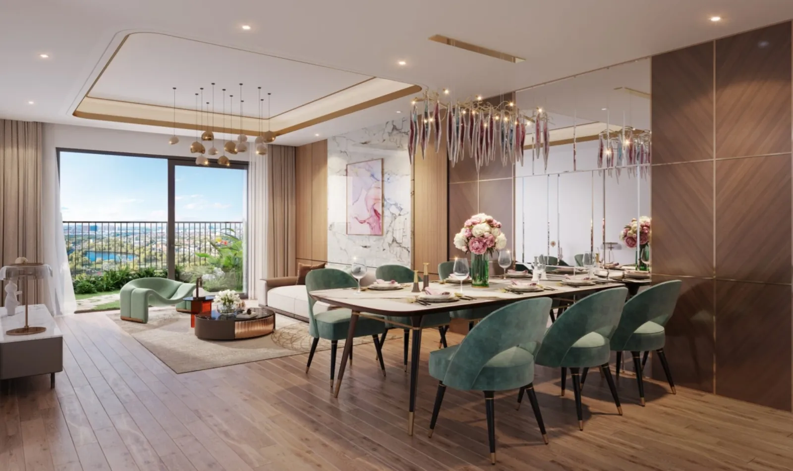 Phối cảnh phòng khách và bàn ăn căn hộ Beachtro Tower sau khi hoàn thiện nội thất, cửa kính mở ra ban công